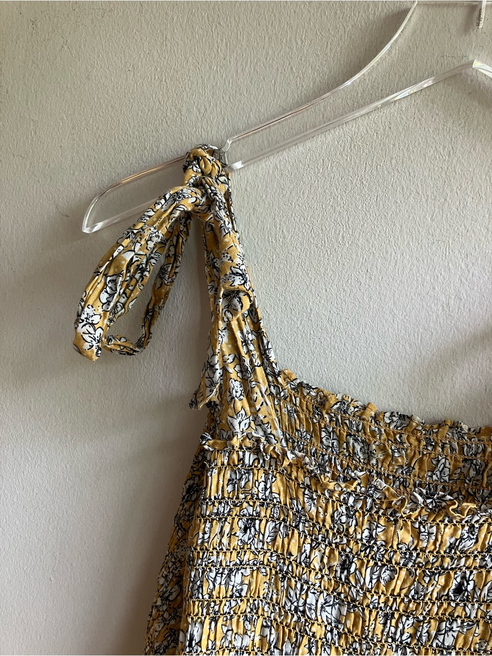 Max Studio Tie Strap Smocked Bodice Maxi Nap Dress Size L Yellow Floral Cotton - Picture 7 of 9